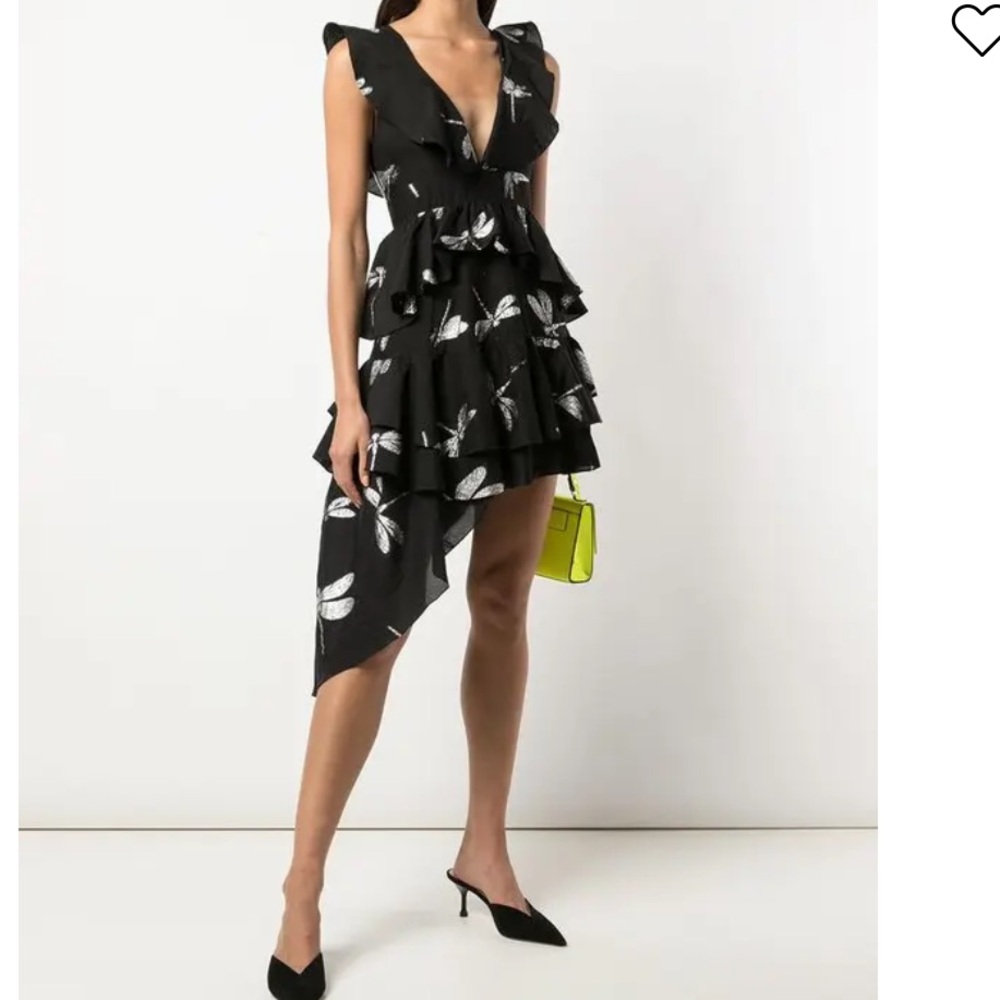 Cynthia Rowley Jetset Dragonfly Asymmetrical Black and Silver Mini Dress. Size 6